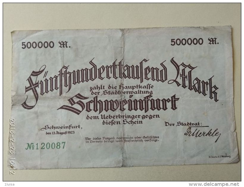 GERMANIA Schmeinfurt 500000 Mark 1923 - [11] Emissioni Locali