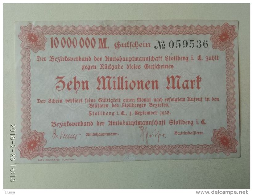 GERMANIA Stollberg 10 Milioni Mark 1923 - [11] Emissioni Locali