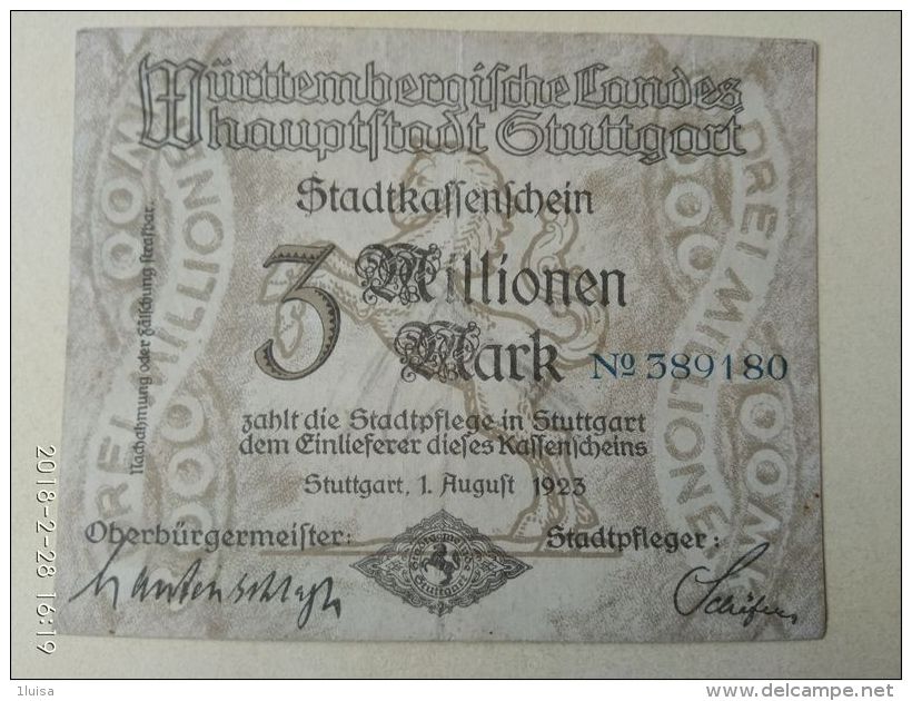 GERMANIA Stuttgard 3 Milioni Mark 1923 - [11] Emissioni Locali