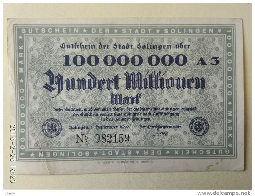 GERMANIA Solingen 100 Milioni Mark 1923 - [11] Emissioni Locali