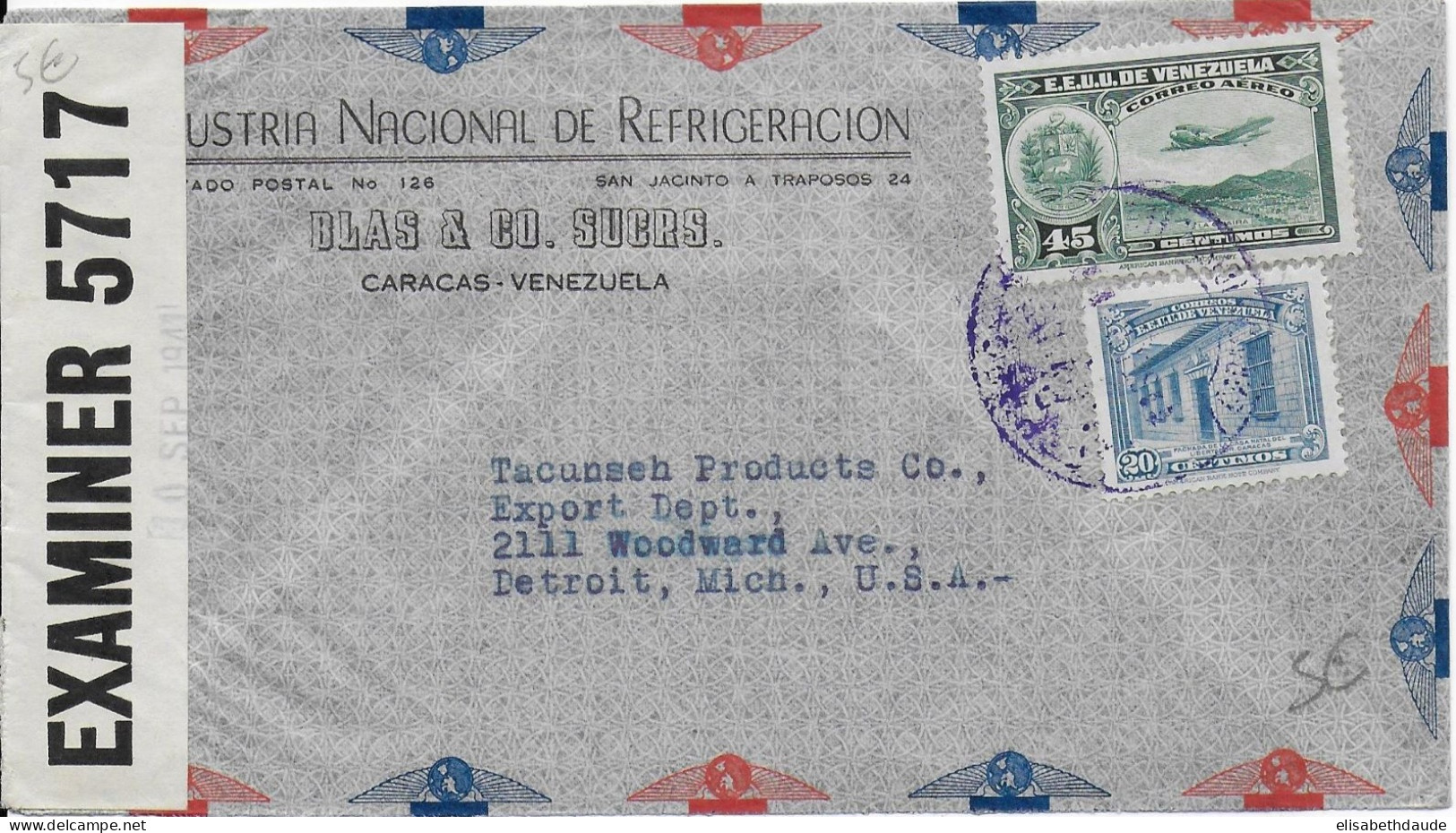 VENEZUELA - 1941 - ENVELOPPE Par AVION Avec CENSURE US De CARACAS => DETROIT (USA) - Venezuela