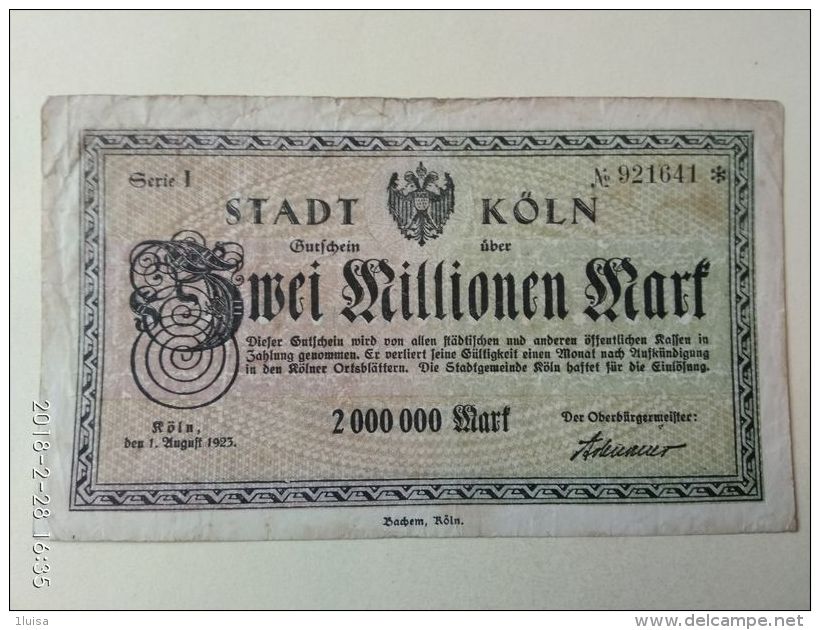 GERMANIA Koln 2 Milioni Mark 1923 - [11] Emissioni Locali