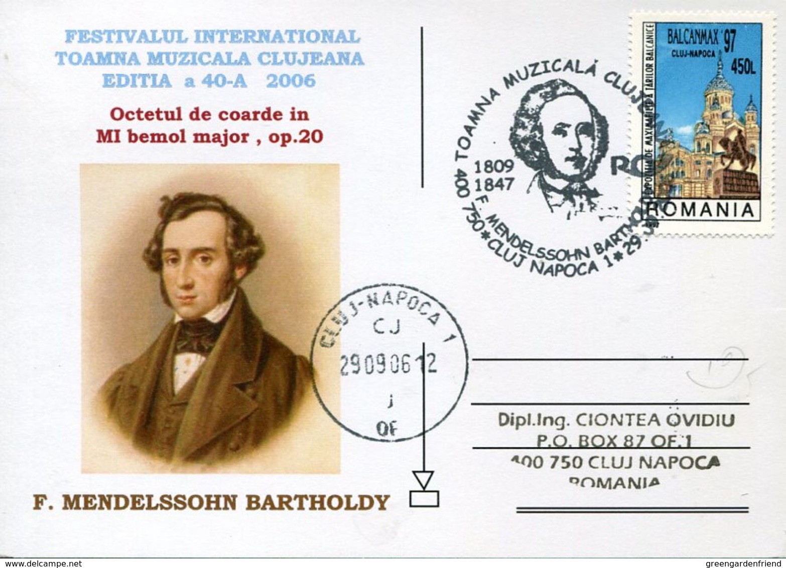 31543 Romania, Special Card And Postmark Cluj, Music Composer Felix Mendelssohn - Music