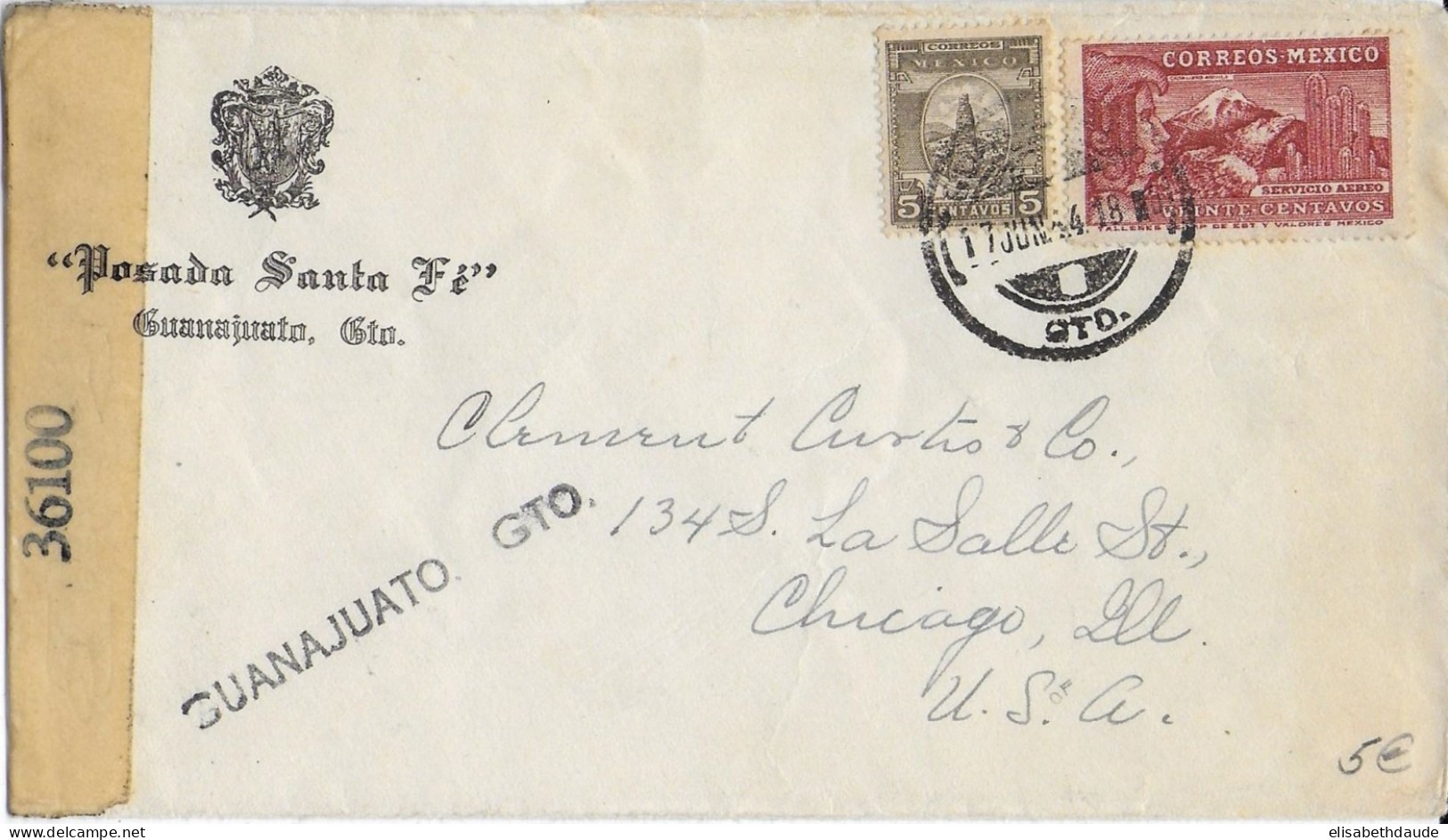 MEXIQUE - 1944 - ENVELOPPE Avec CENSURE US De GUANAJUATO => USA - Mexique