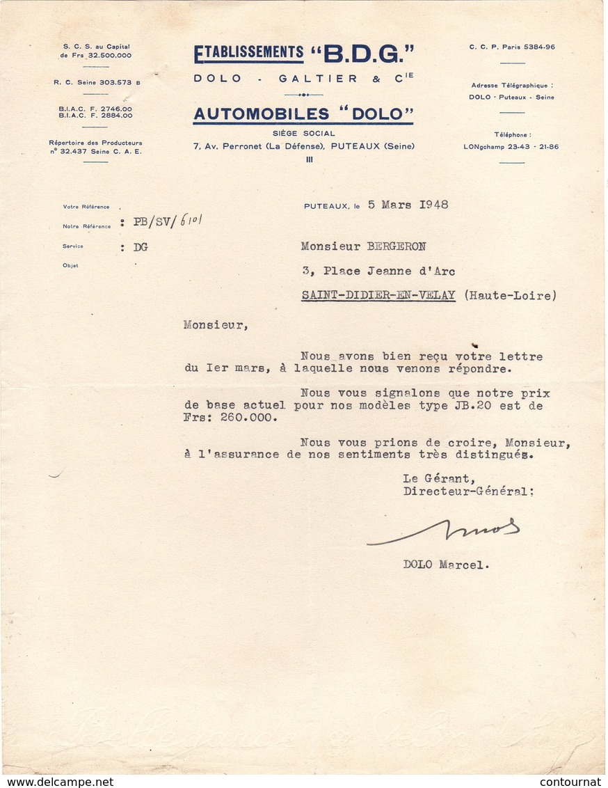 92 PUTEAUX COURRIER 1948  AUTOMOBILES " DOLO " Ets B.D.G.   GALTIER & DOLO - A4 - Automobile