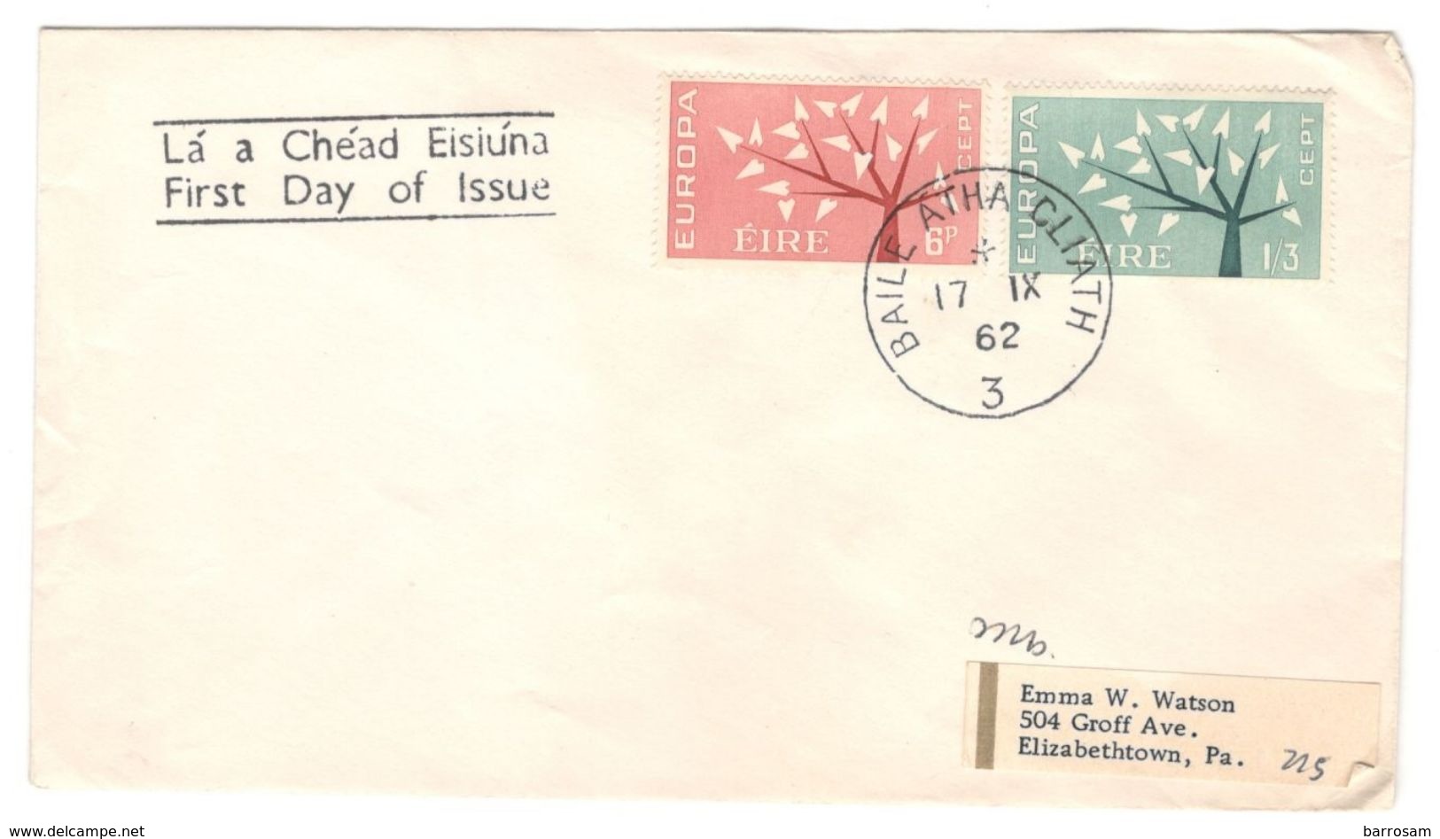 Ireland1962:Michel155-6FDC To ELIZABETHTOWN,PA. - FDC