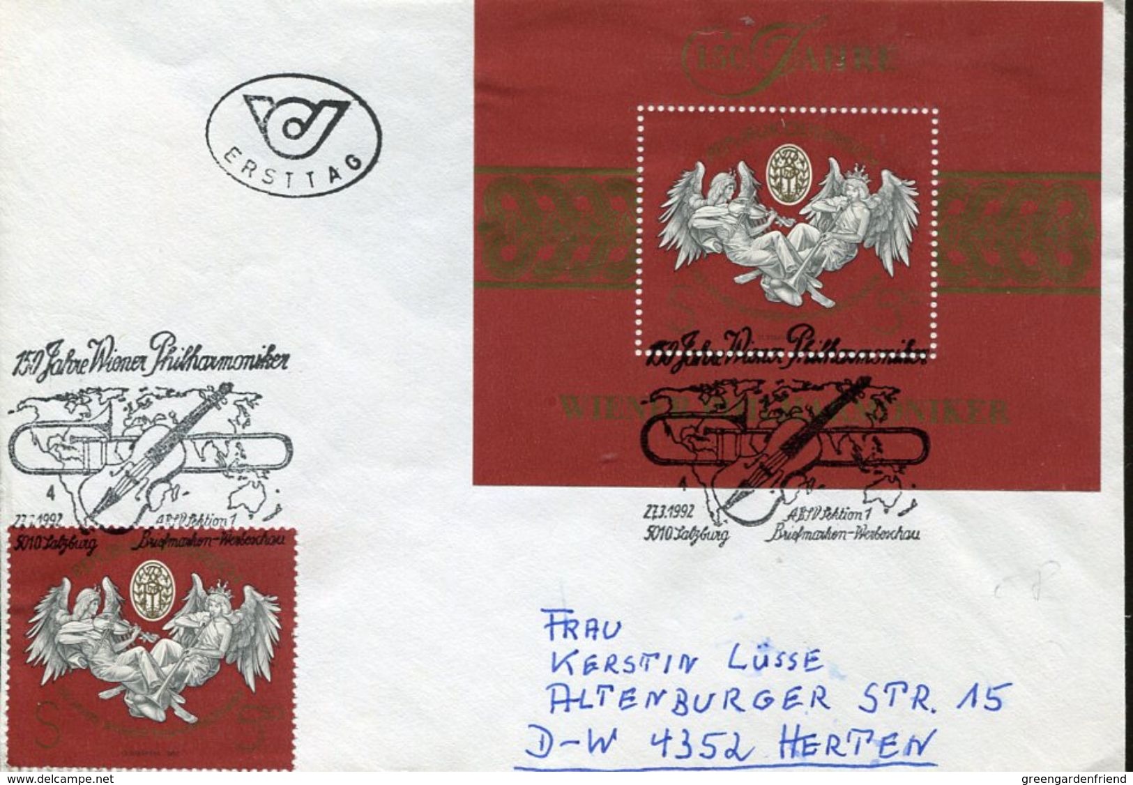 31552  Austria,  Fdc  1992  S/s  150 Year Wiener Philarmoniker,, - Music