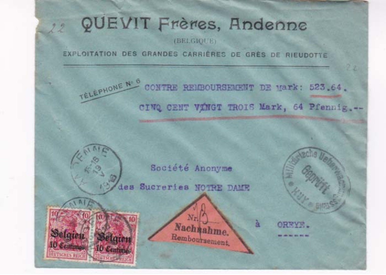 Enveloppe Remboursement Quevit Freres Andenne Censure Huy 19 05 1916 - OC1/25 Gouvernement Général