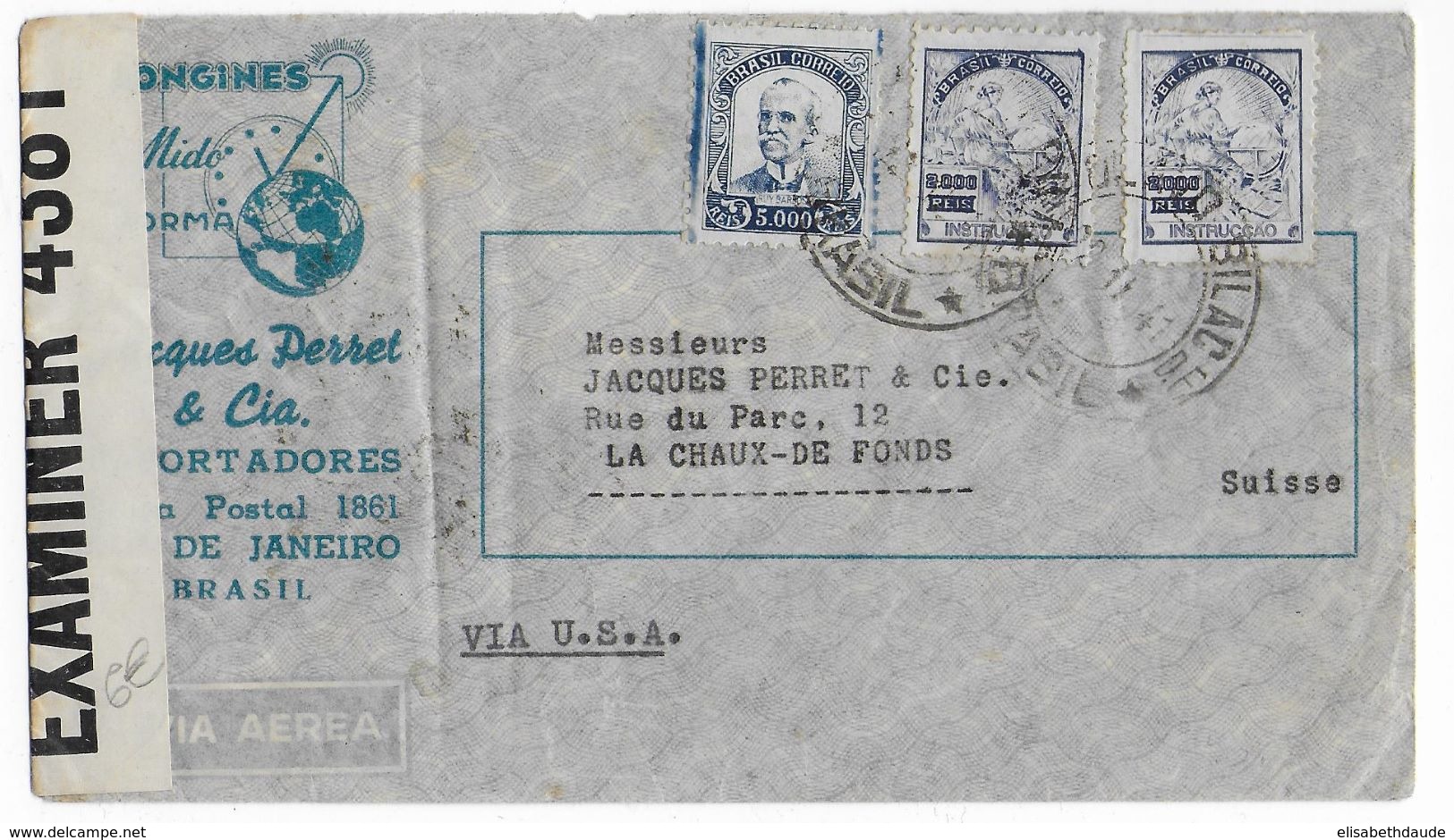 BRESIL - 1941 - ENVELOPPE COMMERCIALE DECOREE AIRMAIL Avec CENSURE US De RIO => LA CHAUX DE FONDS (SUISSE) - Brieven En Documenten