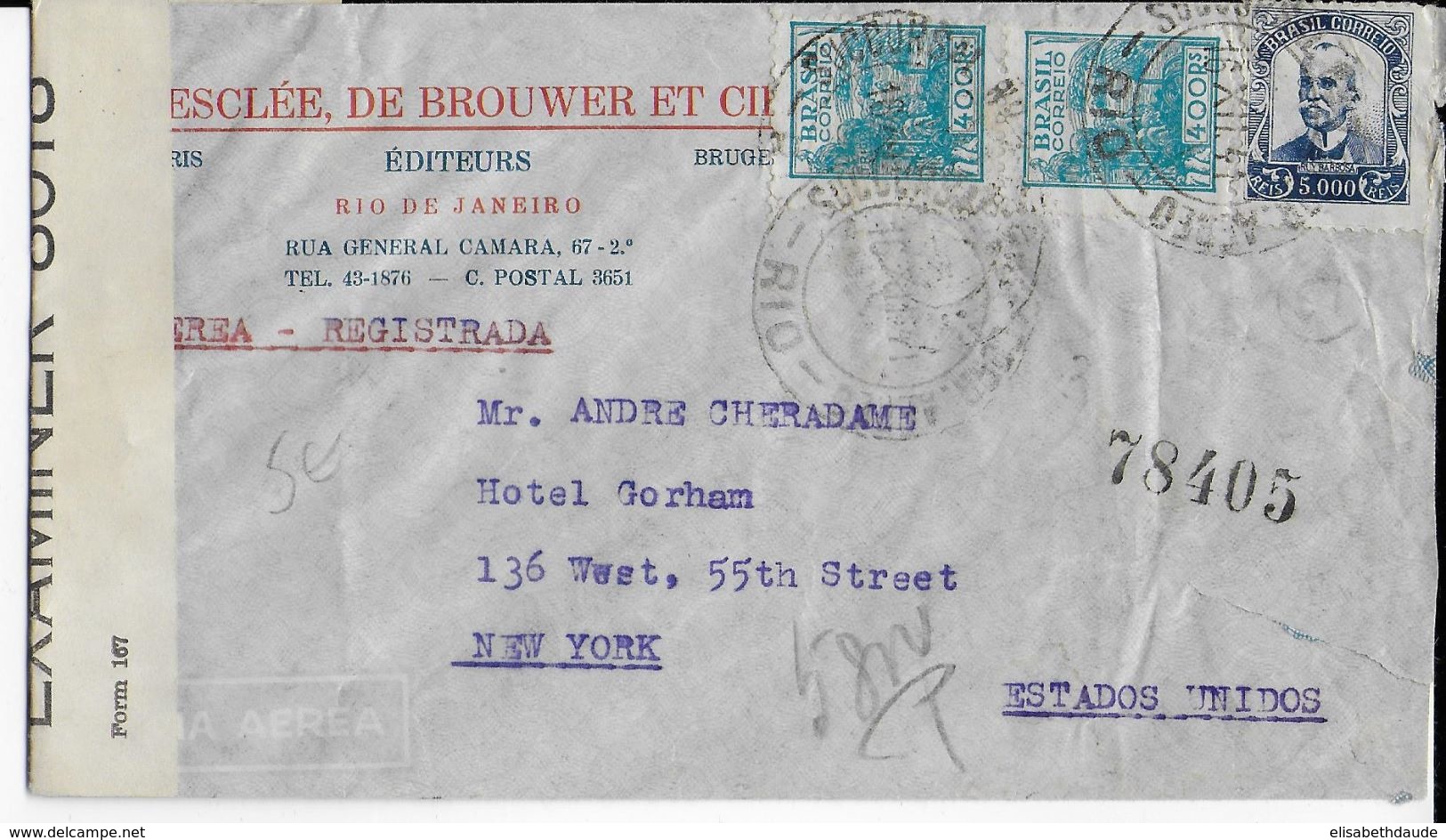 BRESIL - 1941 - ENVELOPPE RECOMMANDEE AIRMAIL Avec CENSURE US De RIO => USA - Briefe U. Dokumente