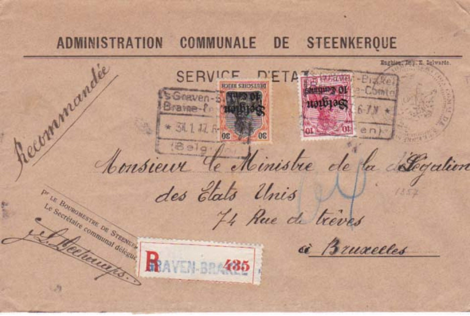 Enveloppe  Admin Com De Steenkerque Recommande Graven Brakel Cachet Ch Fer 31 01 1917 - OC1/25 Generalgouvernement 