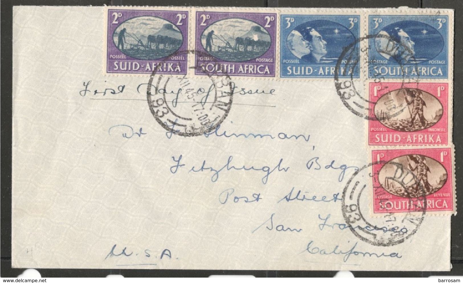 SouthAfrica1945: Michel178-80 FDC  To SanFrancisco,California (DEC.3,1945) - FDC