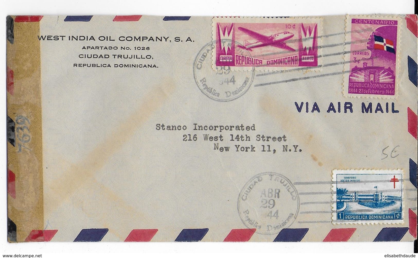 REPUBLICA DOMINICANA - 1944 - ENVELOPPE COMMERCIALE ESSO (PETROLE) Avec CENSURE US  => USA - Dominicaine (République)