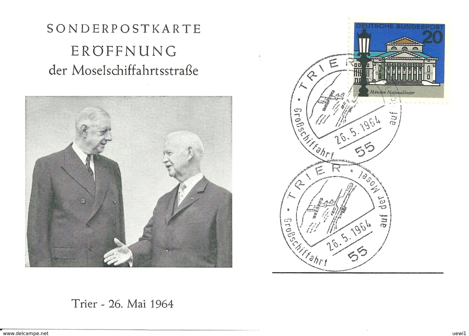 Sonderpostkarte Eröffnung Der Moselschiffahrtsstrasse Trier 26. Mai 1964 Bund 419 - Sonstige & Ohne Zuordnung