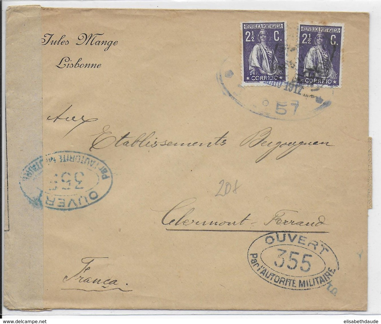 1917 - ENVELOPPE Avec 2 CENSURES FRANCE ET PORTUGAL De LISBONNE => PARIS - Lettres & Documents