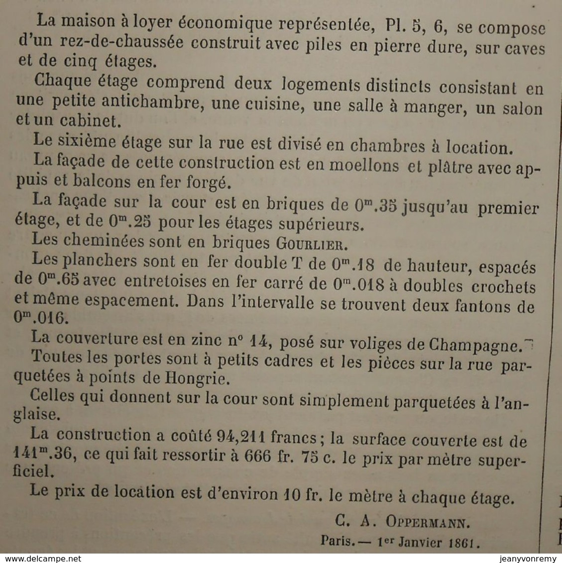 Plan De Maison à Loyer Avec Planchers En Fer 161 Quai Valmy à Paris. 1861 - Opere Pubbliche