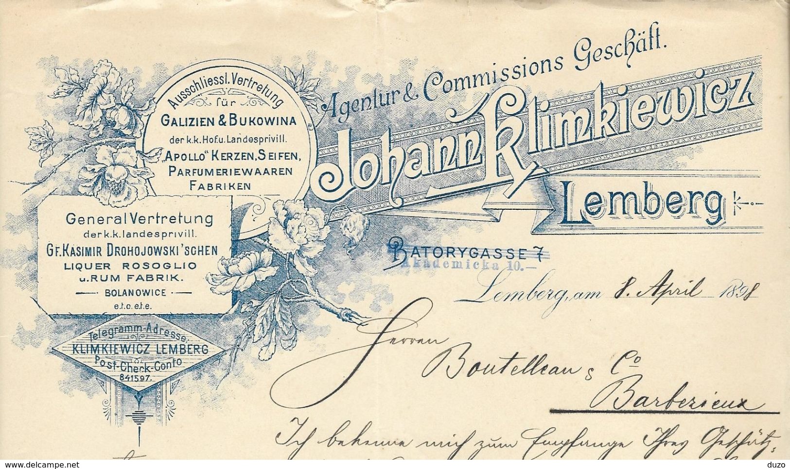 Pologne/Poland - Lemberg Entête Du 8 April 1898. Liquer Rosoglio U.Rum Fabrik - Johann Klimkiewicz - Other & Unclassified