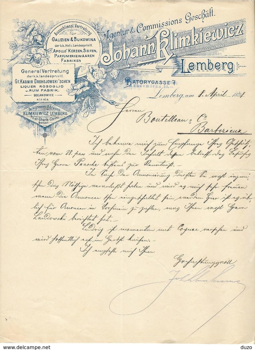 Pologne/Poland - Lemberg Entête Du 8 April 1898. Liquer Rosoglio U.Rum Fabrik - Johann Klimkiewicz - Other & Unclassified