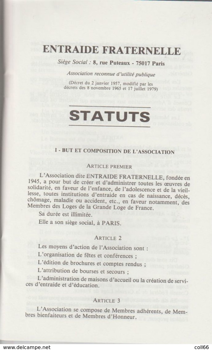 Fascicule 1990 Entraide Fraternelle Statuts Rue Puteaux 75017 Paris Franc-maçon Freemason Impression APC Paris - Historical Documents