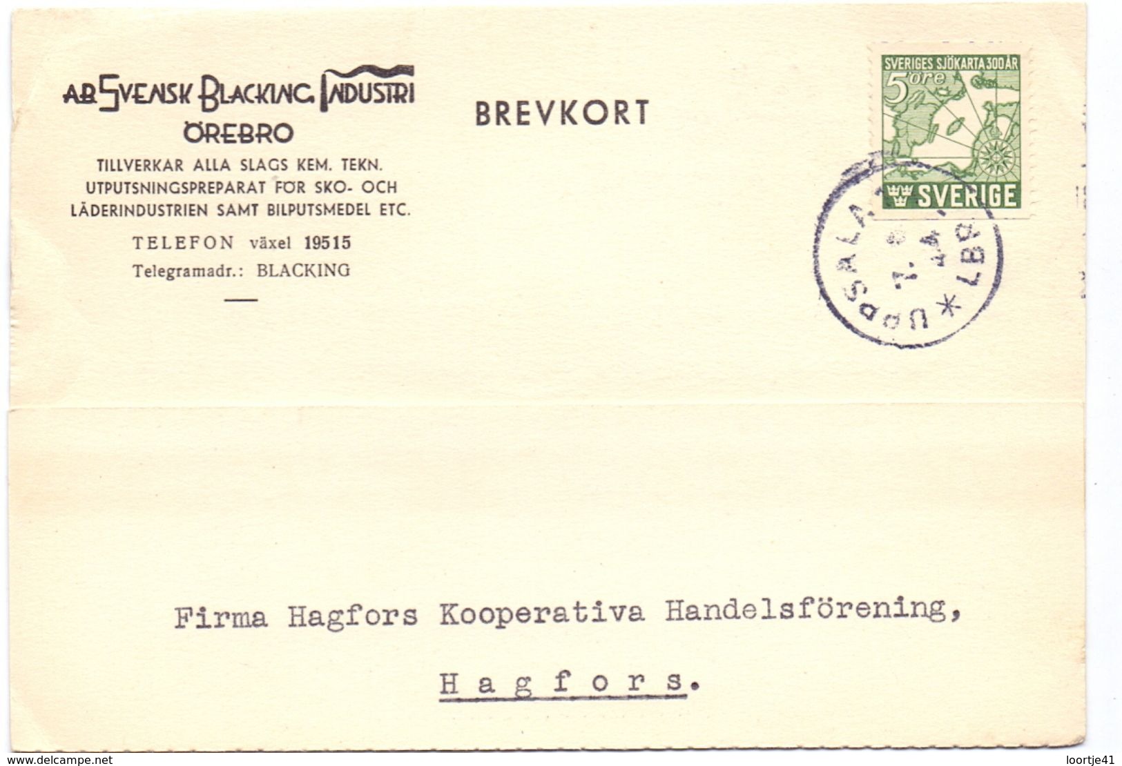 Brevkort - Briefkaart - Stempel Uppsala 1944  - Hagfors - Pub Reclame Svensk Blacking Ind. - Örebro - Autres & Non Classés