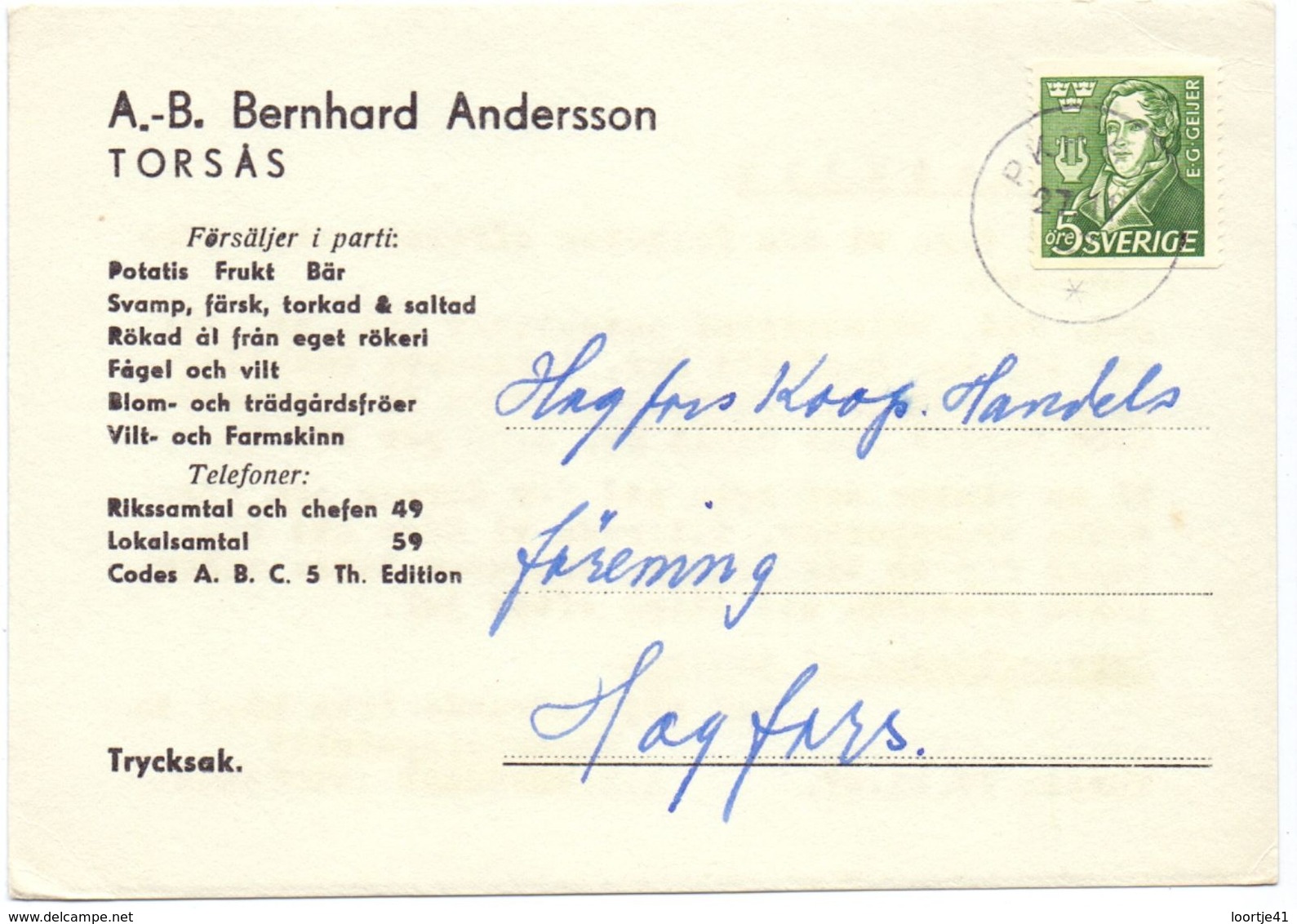 Brevkort - Briefkaart - Hagfors - Pub Reclame Bernhard Andersson - Torsas 1947 - Autres & Non Classés