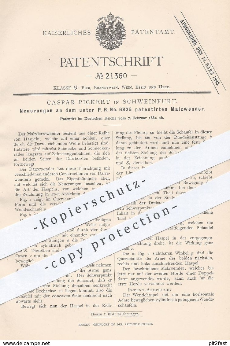 Original Patent - Caspar Pickert , Schweinfurt , 1882 , Malzwender | Malz , Darre , Bier , Hopfen , Brauerei !!! - Historische Dokumente