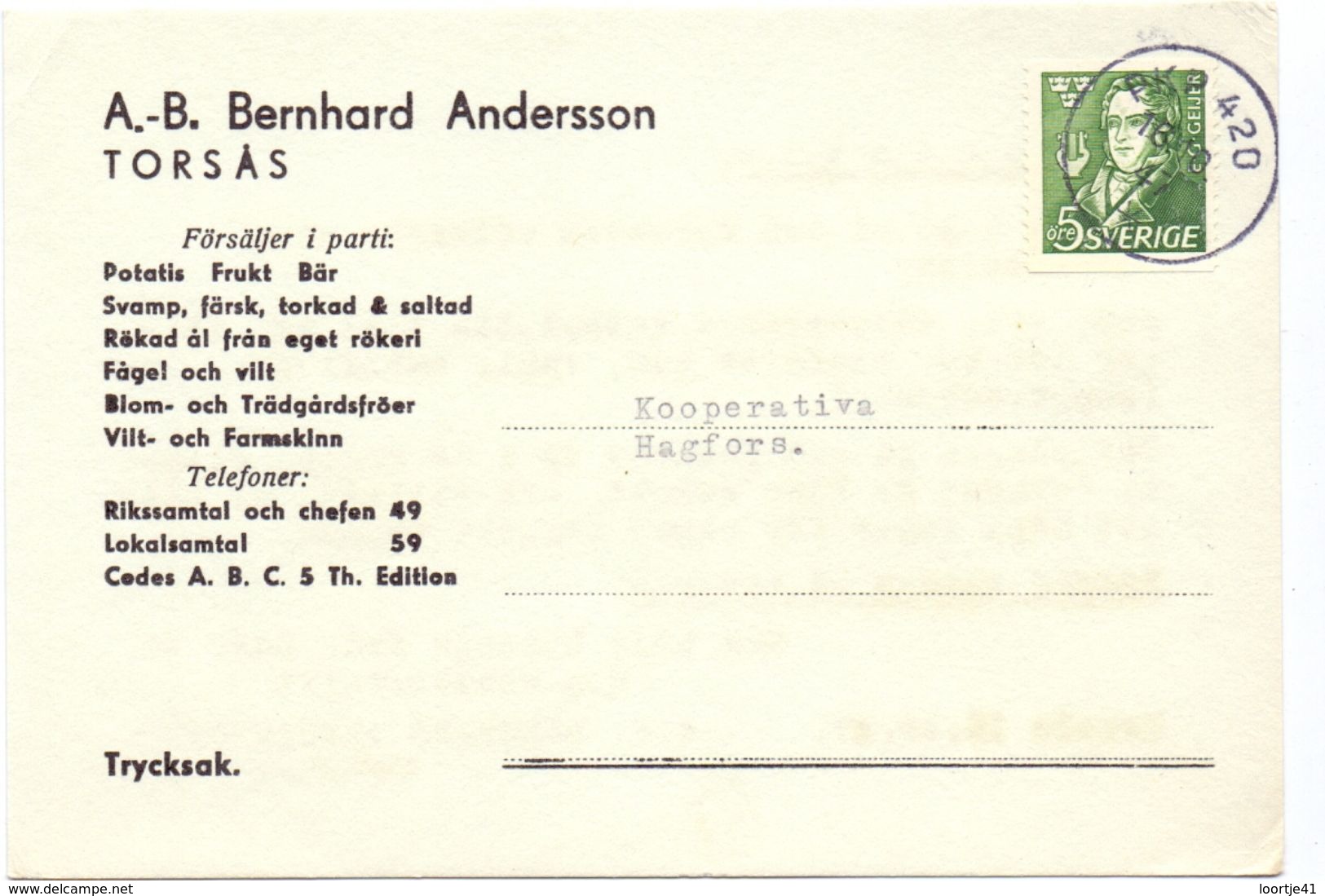 Brevkort - Briefkaart - Hagfors - Pub Reclame Bernhard Andersson - Torsas 1947 - Autres & Non Classés