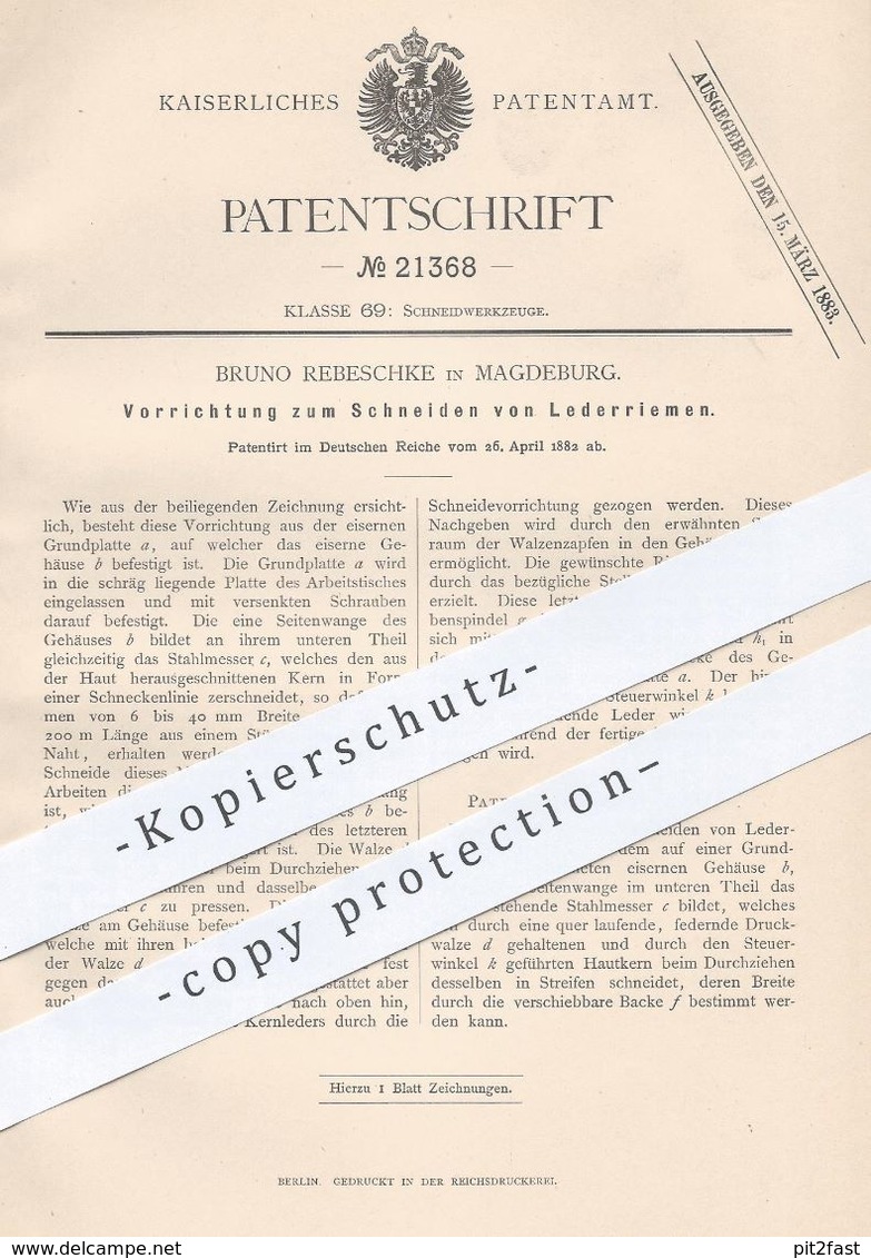 Original Patent - Bruno Rebeschke , Magdeburg 1882 , Schneiden Von Lederriemen | Leder , Schneidzeug , Gerber , Gerberei - Historische Dokumente