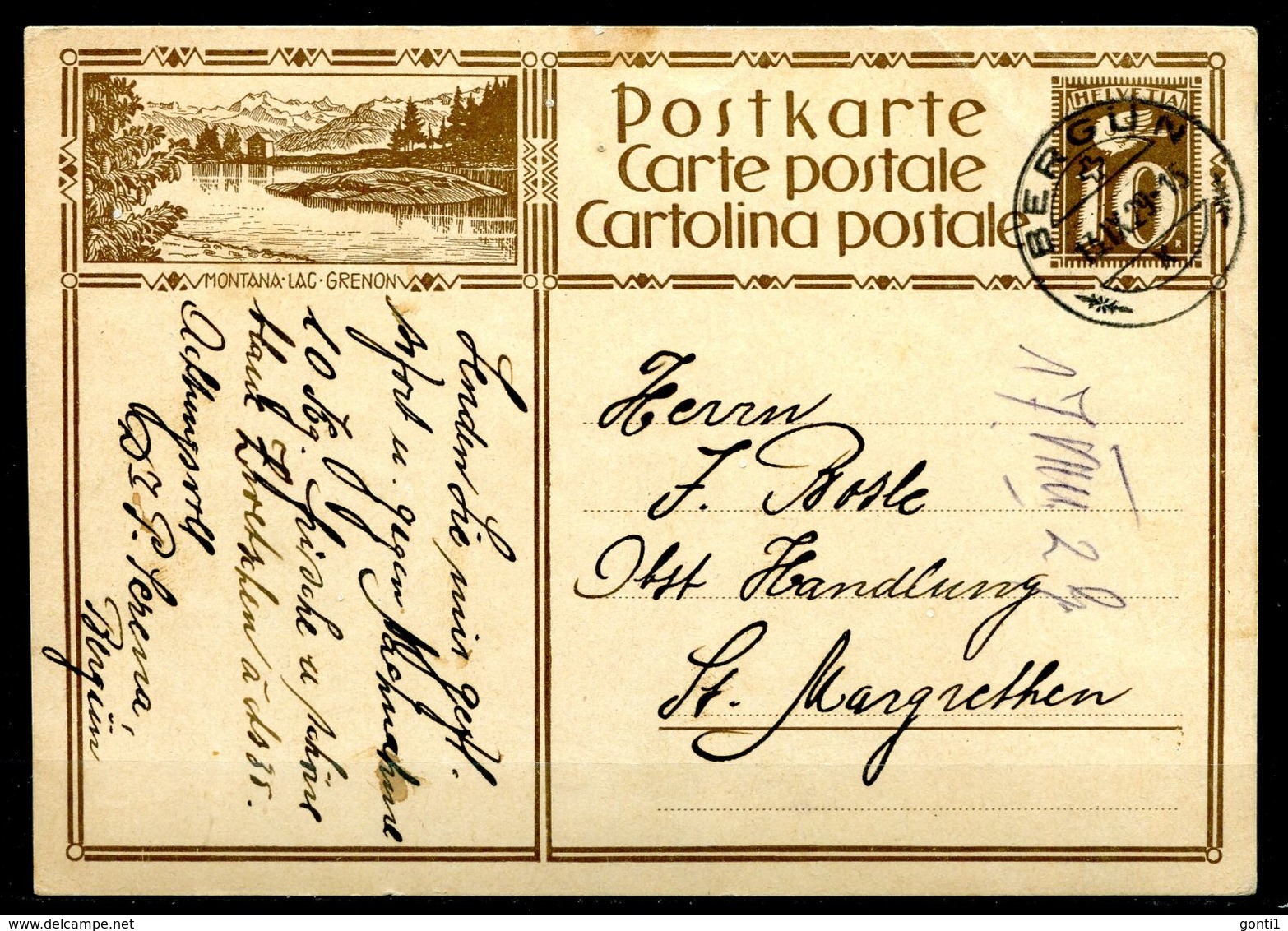 Schweiz 1929 Bildpostkarte Mi.Nr.P132,10 Rappen,braun"Montana-Lac-Grenon"bef."Bergün-St.Margrethen "1 GS Used - Interi Postali