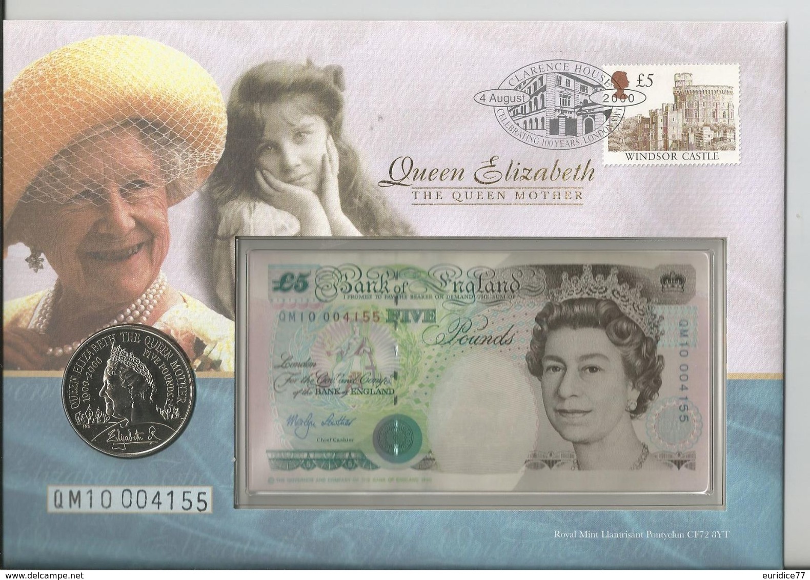 Great Britain 2000 - Queen Mother £5 Coin & £5 Banknote FDC - 5 Pounds