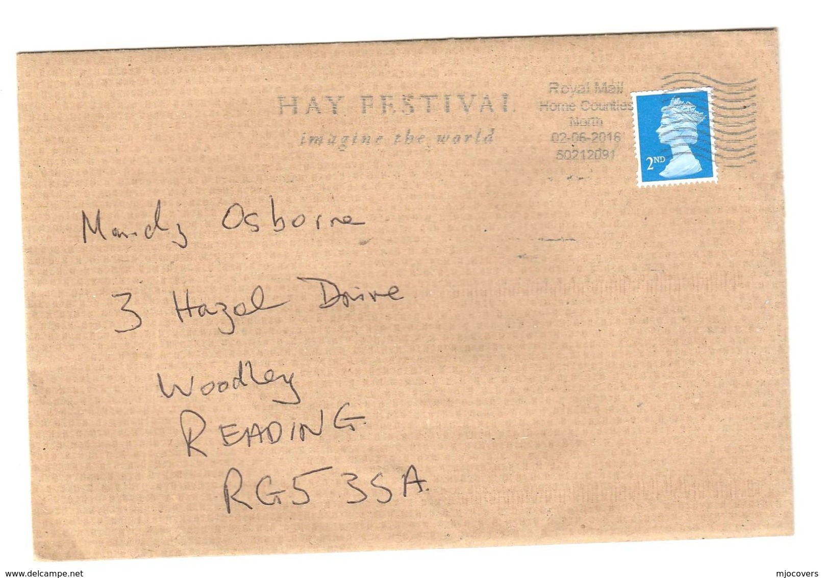 2016 GB COVER SLOGAN Pmk HAY FESTIVAL, IMAGINE THE WORLD Home Counties North , Stamps - Lettres & Documents