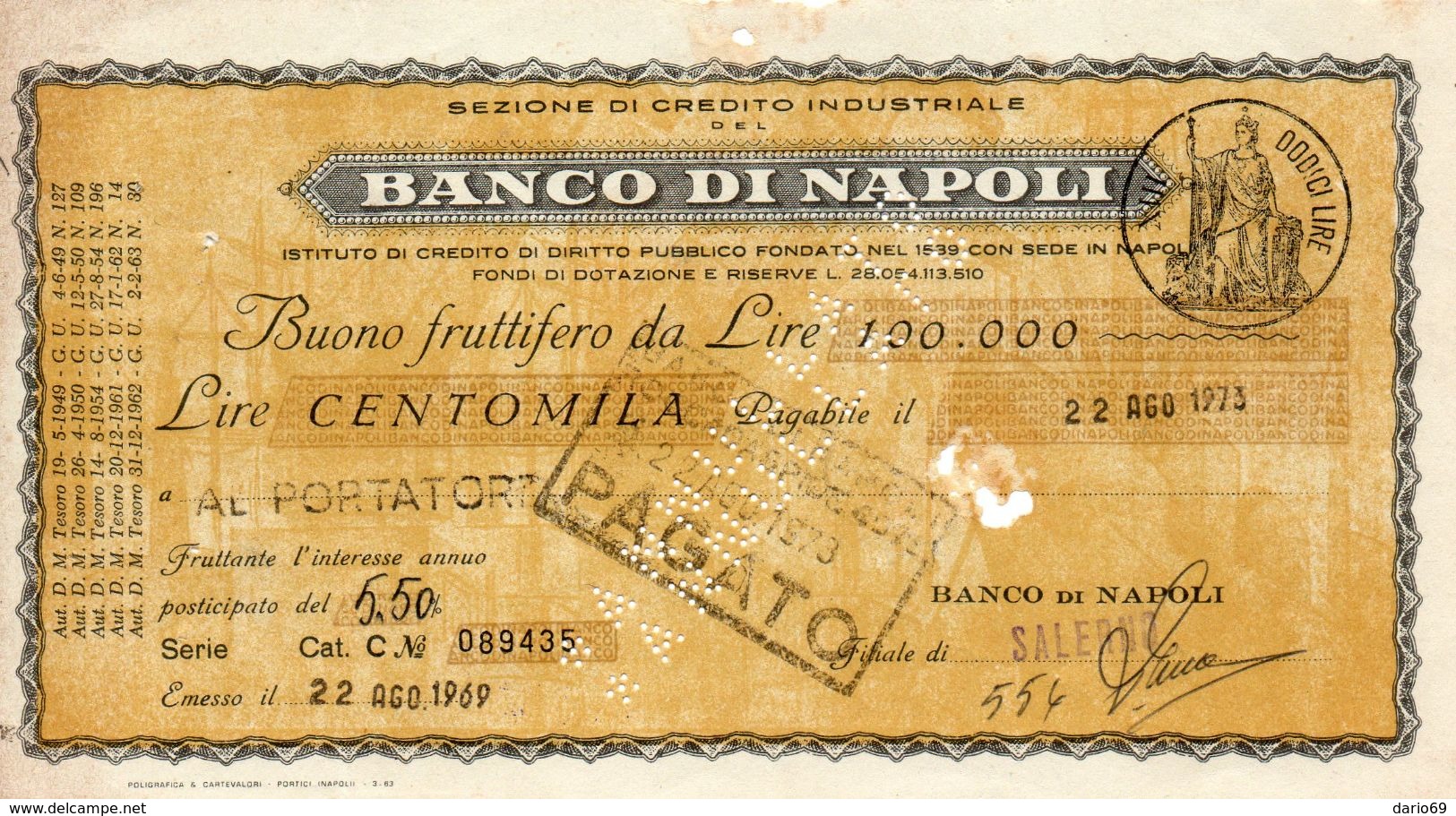 1969 Banco Di Napoli BUONO FRUTTIFERO - Assegni & Assegni Di Viaggio