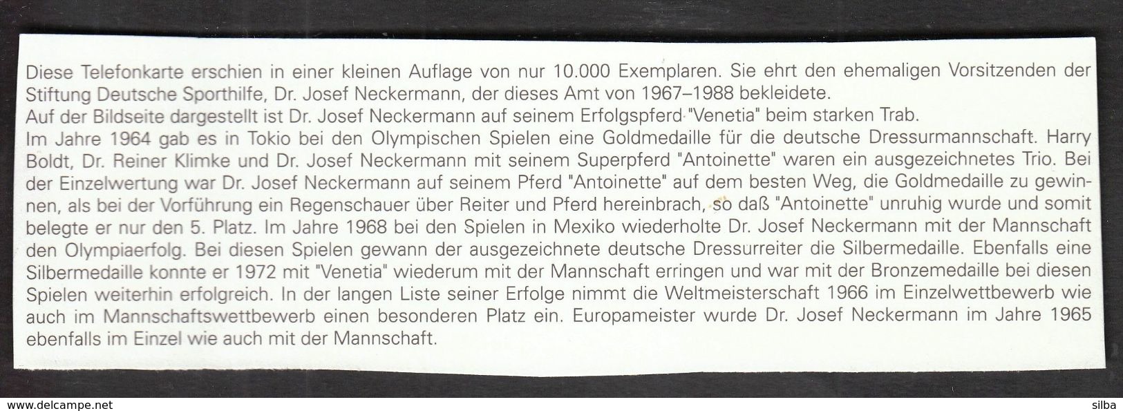 Germany 1992 / Olympic Games Tokyo 1964 / Josef Neckermann,Gold Medal / Equestrian Dressage / Phonecard - Giochi Olimpici