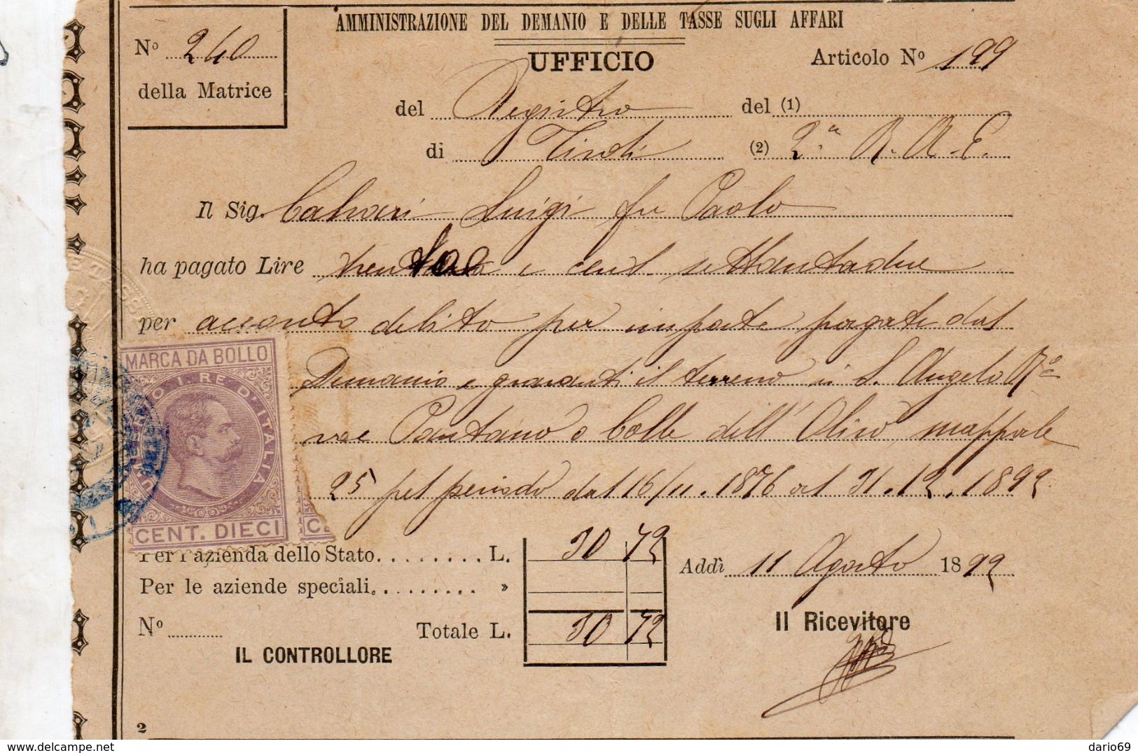 1892 RICEVUTA CON MARCA DA BOLLO - Italia