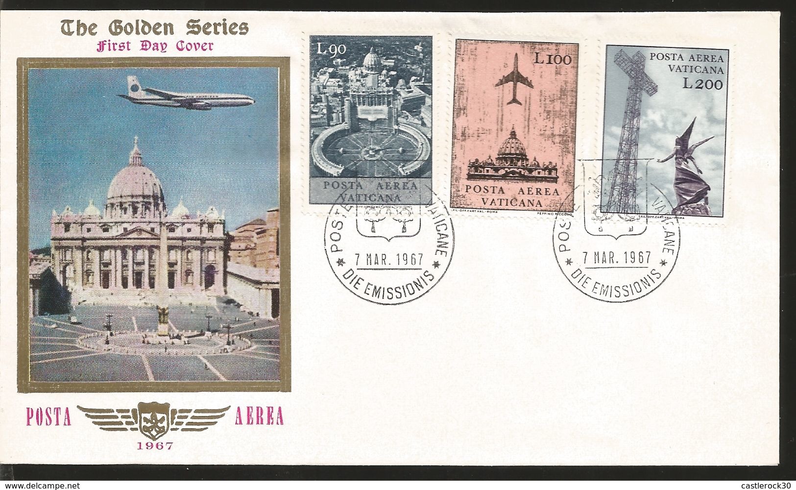 J) 1967 VATICAN CITY, THE GOLDEN SERIES, JET OVER ST. PETER'S CATHEDRAL, MULTIPLE STAMPS, AIRMAIL, SET OF 2 FDC - Covers & Documents
