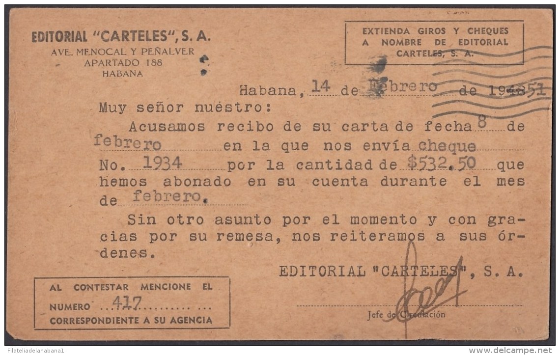 1904-EP-115 CUBA POSTAL STATIONERY. 1904. 1c MARTI. Ed.70. 1951 ADVERTISING CARTELES MAGAZINE. DARK CARBOARD. - Lettres & Documents