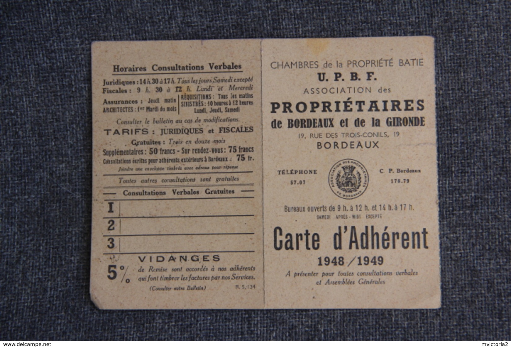 BORDEAUX - Carte De Membre De L'Association Des Propriétaires De BORDEAUX Et De La GIRONDE - Sin Clasificación