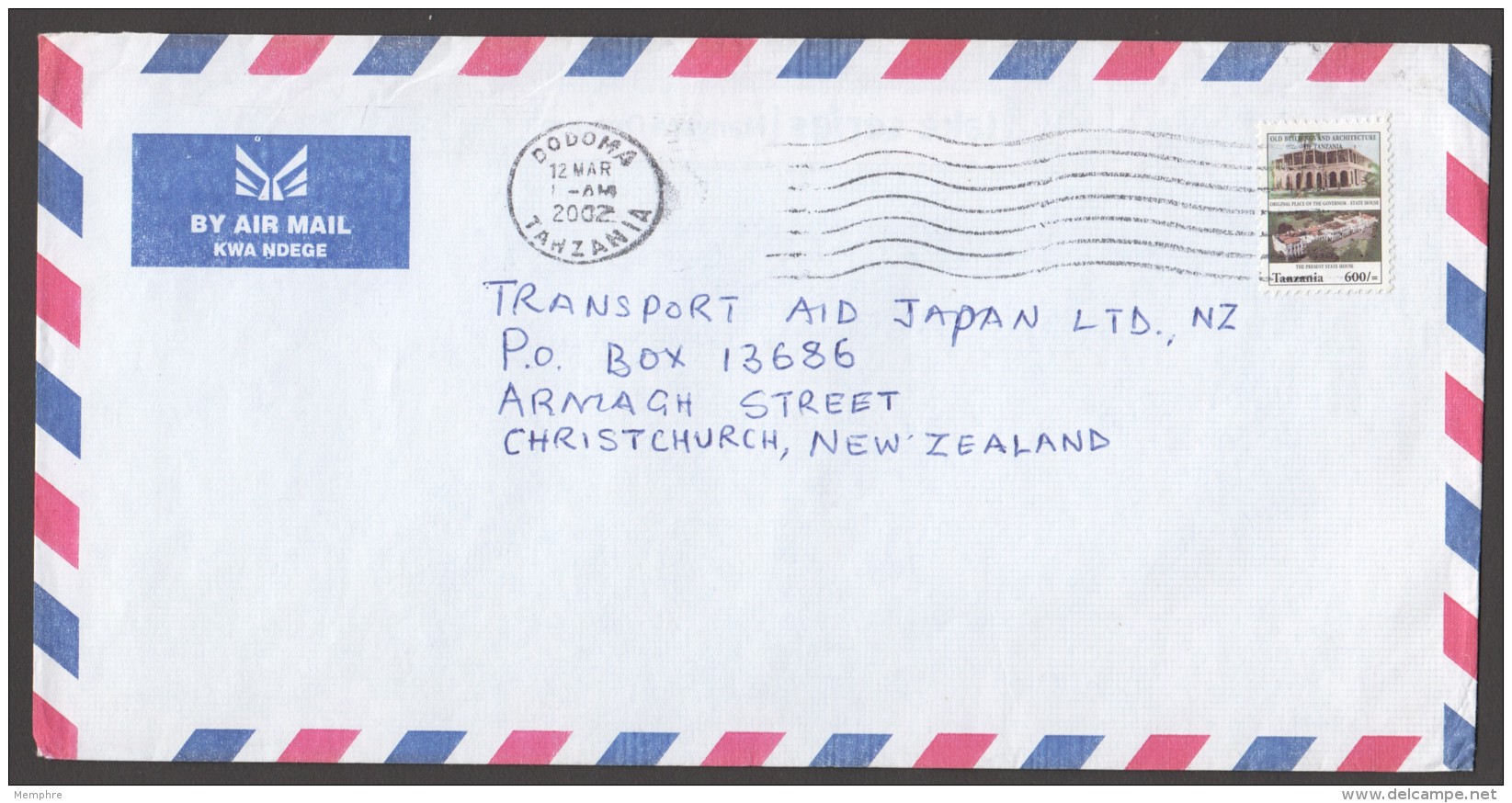 2002  Letter To New Zealand    State House 600/- - Tanzania (1964-...)