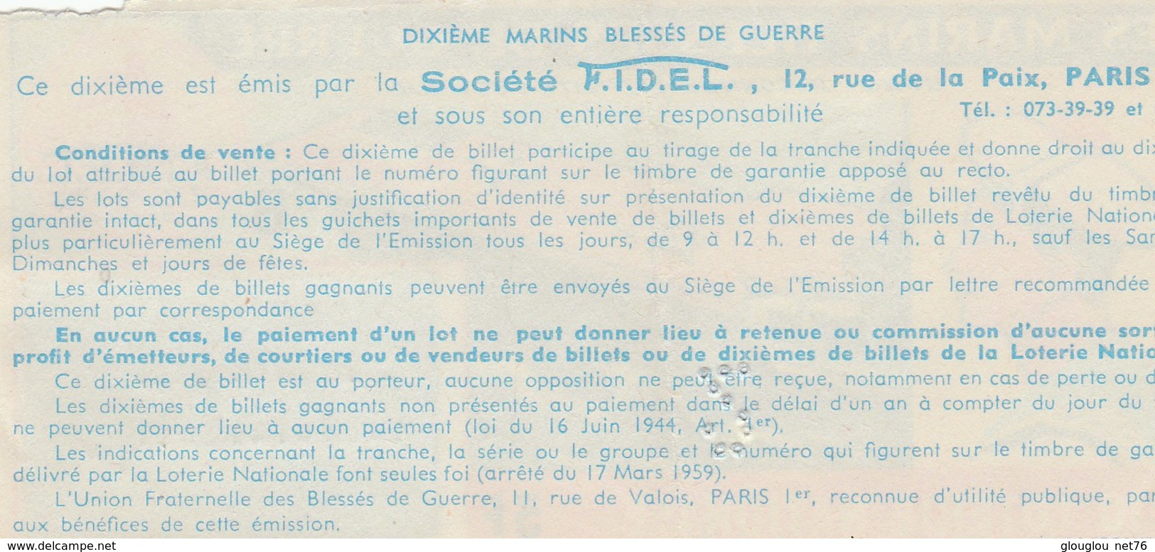LOTERIE NATIONALE... LES MARINS BLESSES DE GUERRE  1970 - Billets De Loterie