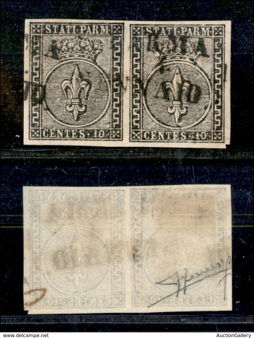 0032 ANTICHI STATI - PARMA - 1852 - Coppia Orizzontale Del 10 Cent Bianco (2) - Molto Bella - Sorani + Cert. AG (600) - Otros & Sin Clasificación