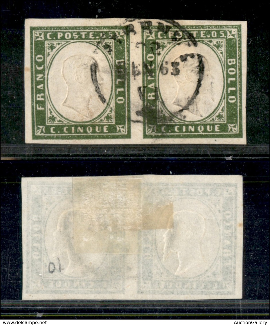 0074 ANTICHI STATI - SARDEGNA - 1862 - 5 Cent Verde Oliva (13Dc) - Coppia Orizzontale (600) - Other & Unclassified