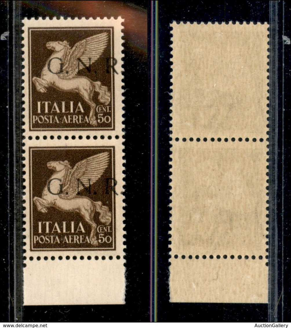 0350 REPUBBLICA SOCIALE - 1943 - GNR Brescia - 50 Cent (118/Ida-Aerea) - Coppia Verticale Con Soprastampa Spostata A Des - Altri & Non Classificati