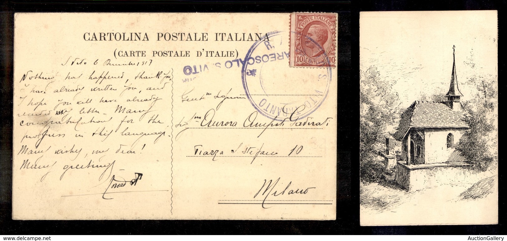 0914 POSTA AEREA - 1917 (6 Dicembre) - R.Aeroscalo S.Vito Taranto - Cartolina Per Milano - Otros & Sin Clasificación
