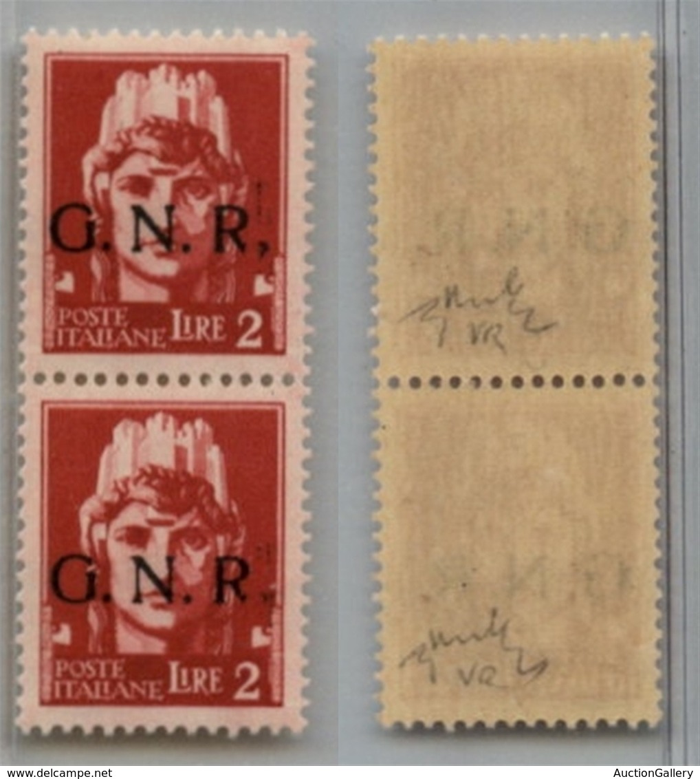 1290 GNR VERONA - 1944 - GNR Verona - 2 Lire (482ib/ic) - Coppia Verticale Con Difetto Di Stampa (rottura Sulla Destra D - Altri & Non Classificati
