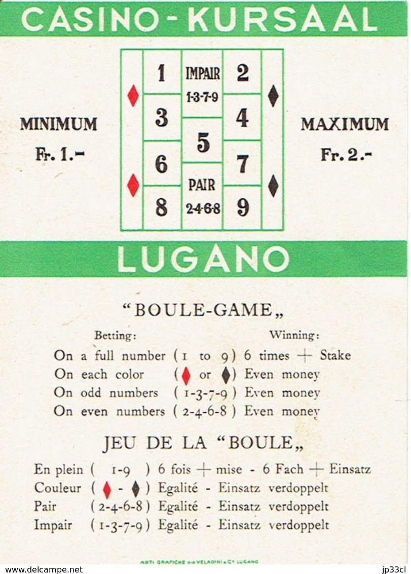 Carte Du Casino-Kursaal De Lugano - Boule Game - Tarjetas De Casino