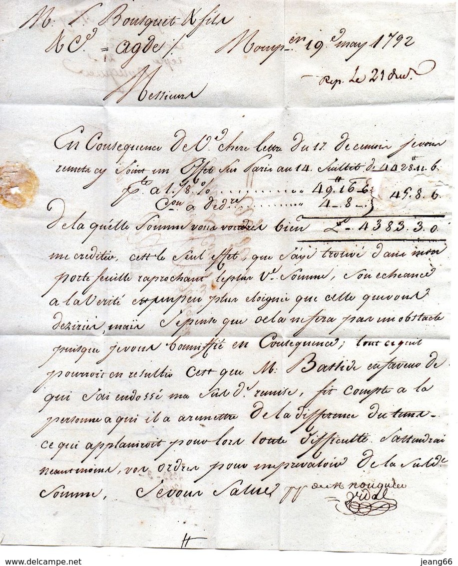 Linéaire "33 MONTPELLIER",40X9mm, Et Manuscrite "momp."avec Corresp. Du 19 Mars 1792 - 1701-1800: Vorläufer XVIII