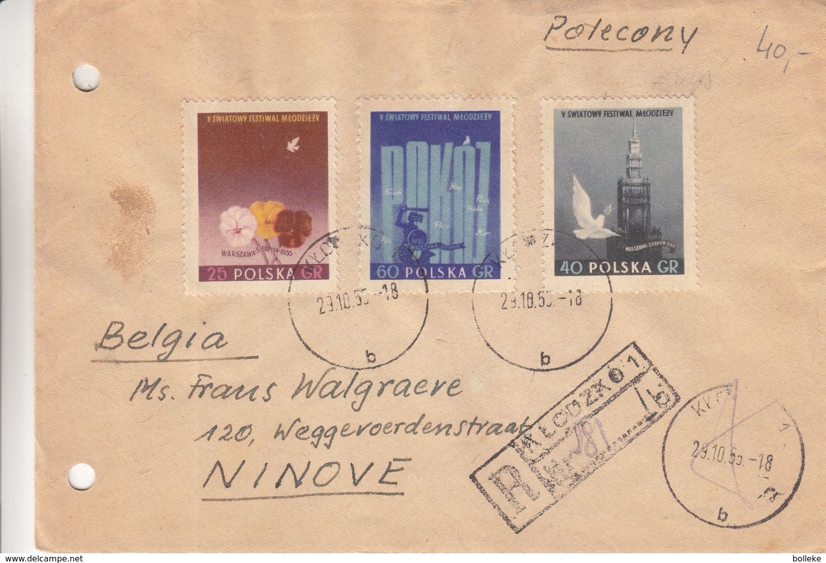 Pologne - Lettre Recom De 1955 - Oblit Klodzko - Exp Vers Ninove - Fleurs - Statues - Oiseaux - Storia Postale