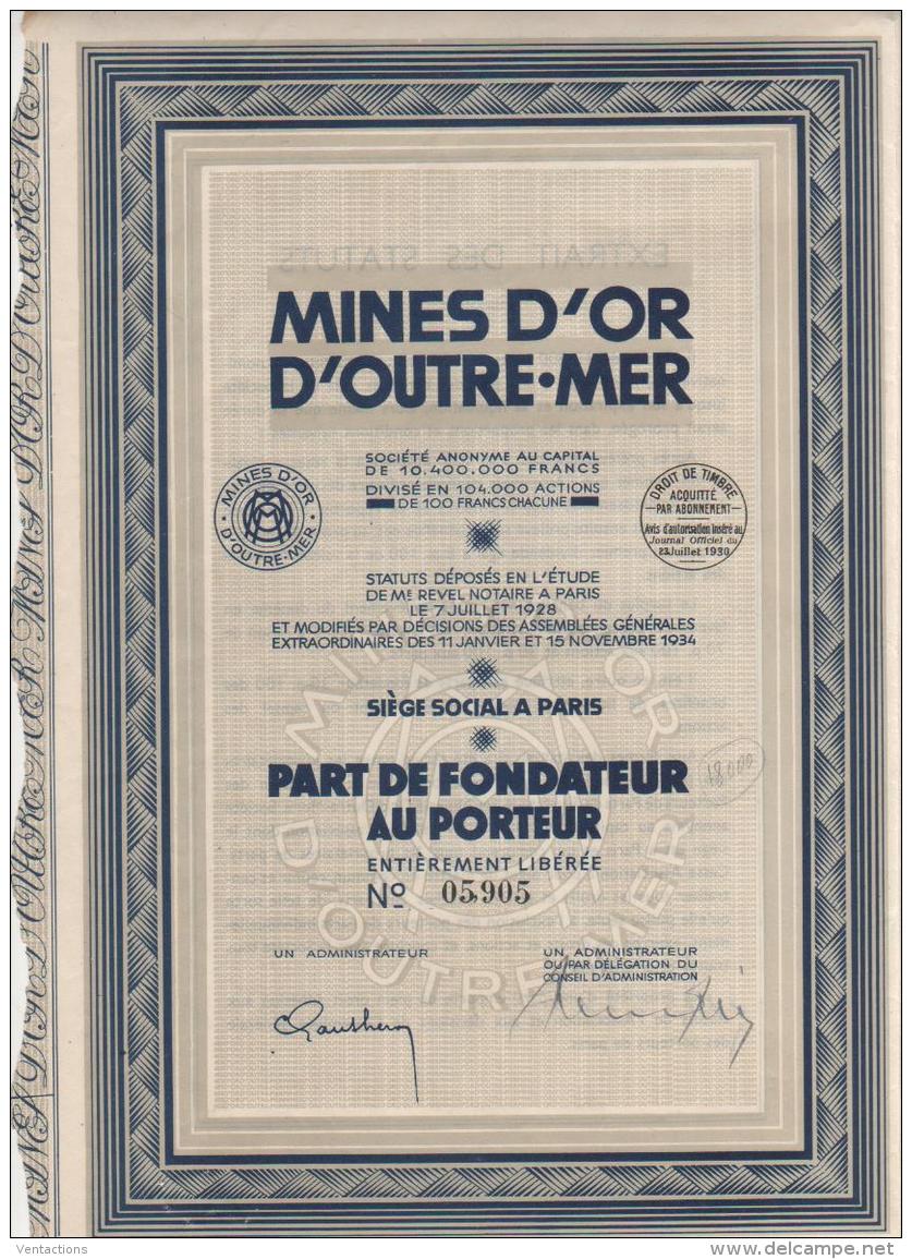 75-MINES D'OR D'OUTRE-MER. Part De Fondateur 1930 - Other & Unclassified