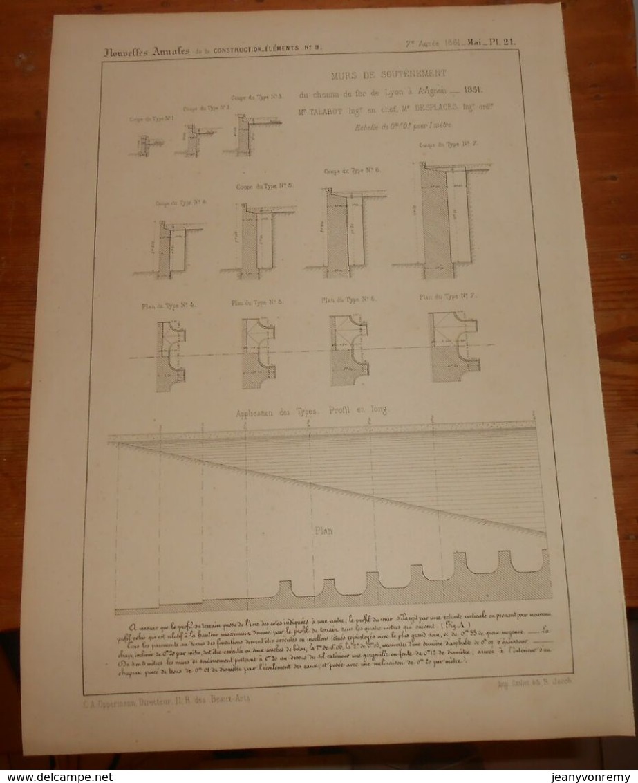 Plan Des Murs De Soutènement Du Chemin De Fer De Lyon à Avignon. 1861 - Travaux Publics