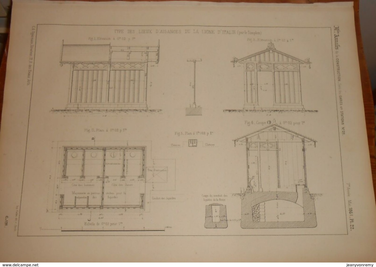 Plan De Type Des Lieux D'aisances De La Ligne D'Italie Par Le Simplon.. 1861 - Public Works